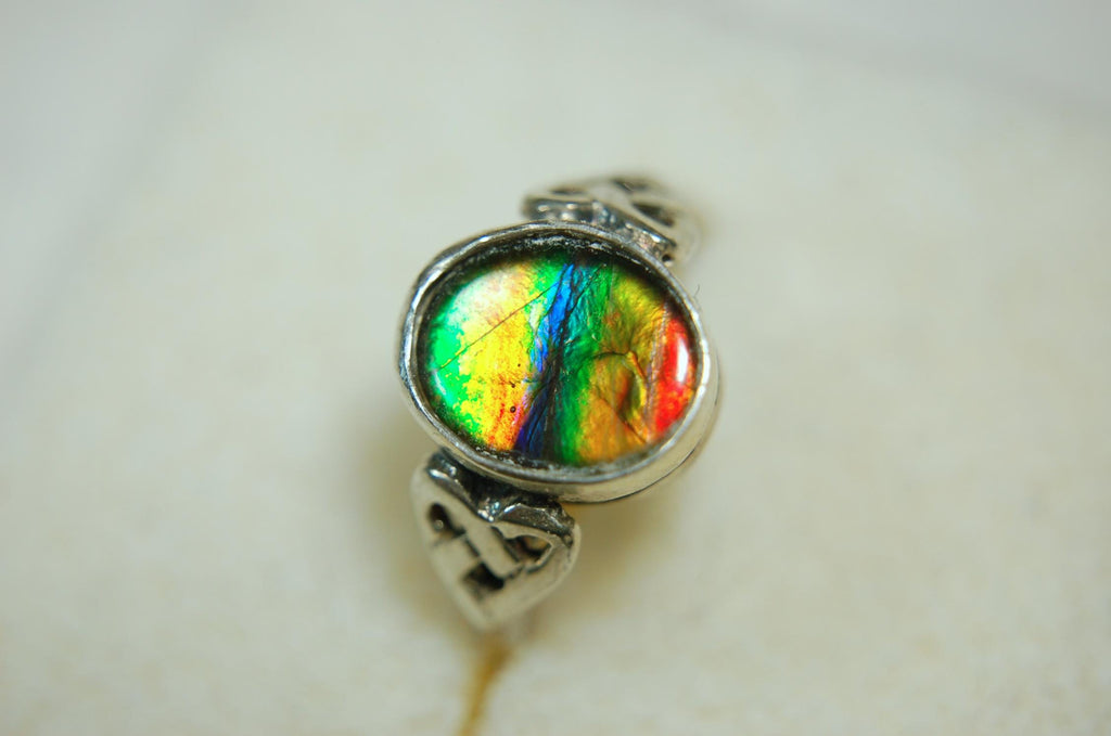 Ammolite ring with Celtic motif.Amazing RARE color scheme. One of a kind gift for wife.Sterling.Size7..031115