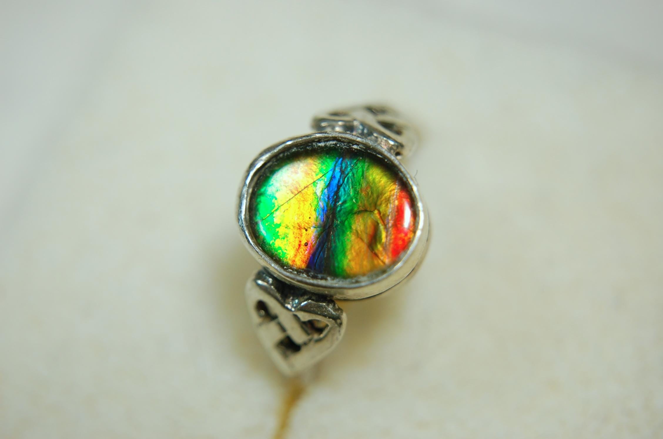 Ammolite ring with Celtic motif.Amazing RARE color scheme. One of a kind gift for wife.Sterling.Size7..031115