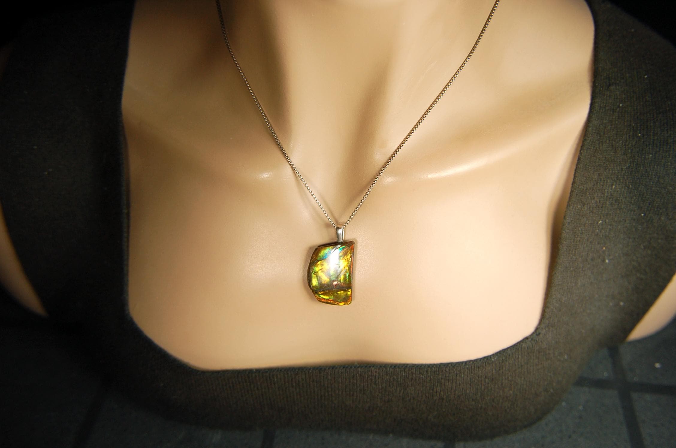 Birthday gift idea for wife. Ammolite Pendant Necklace.All natural cabochon freeform gem.Boho jewelry.090414