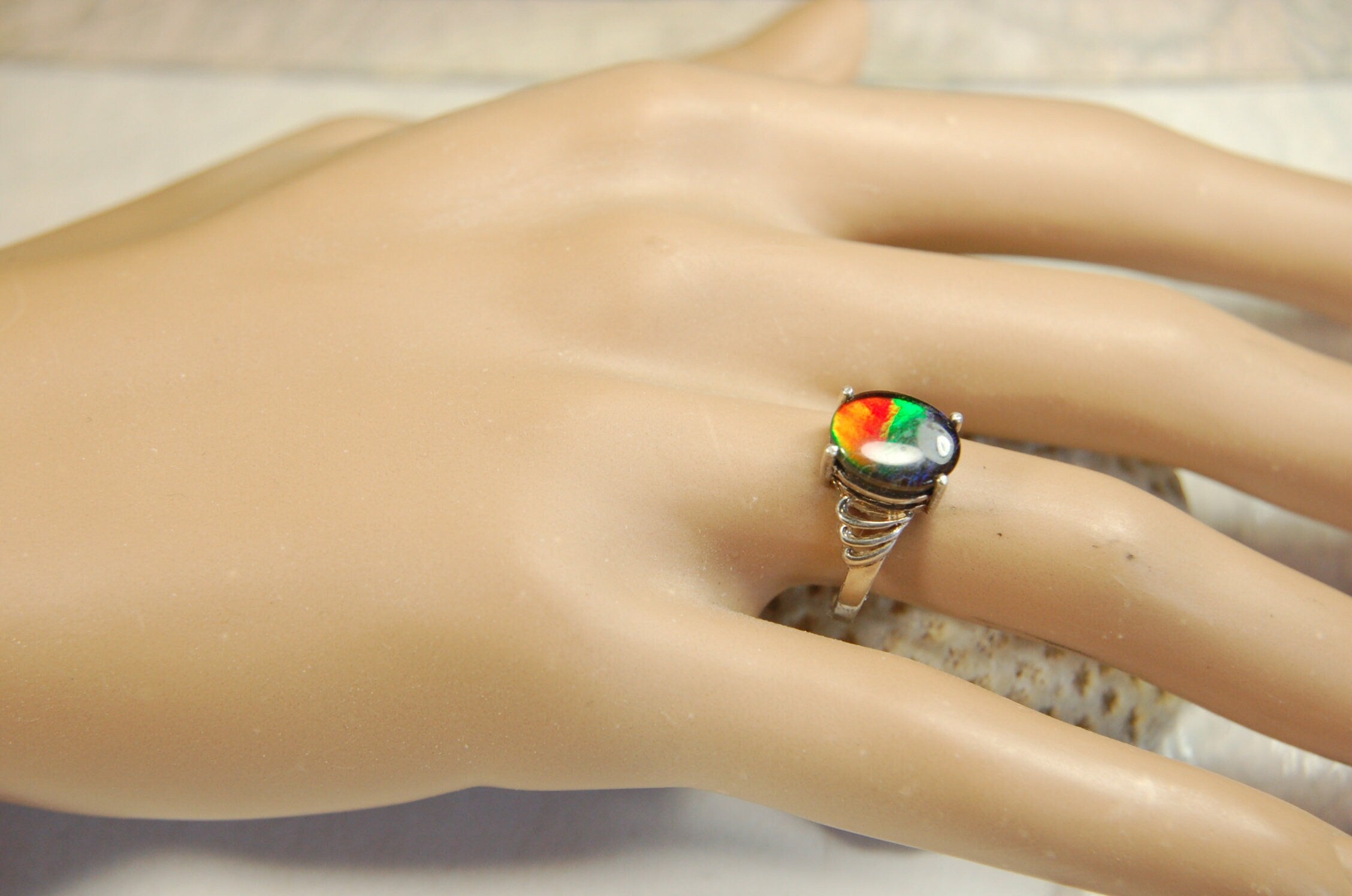 Ammolite Ring.Sterling Silver.Size 6.Lovely rainbow gem.062813