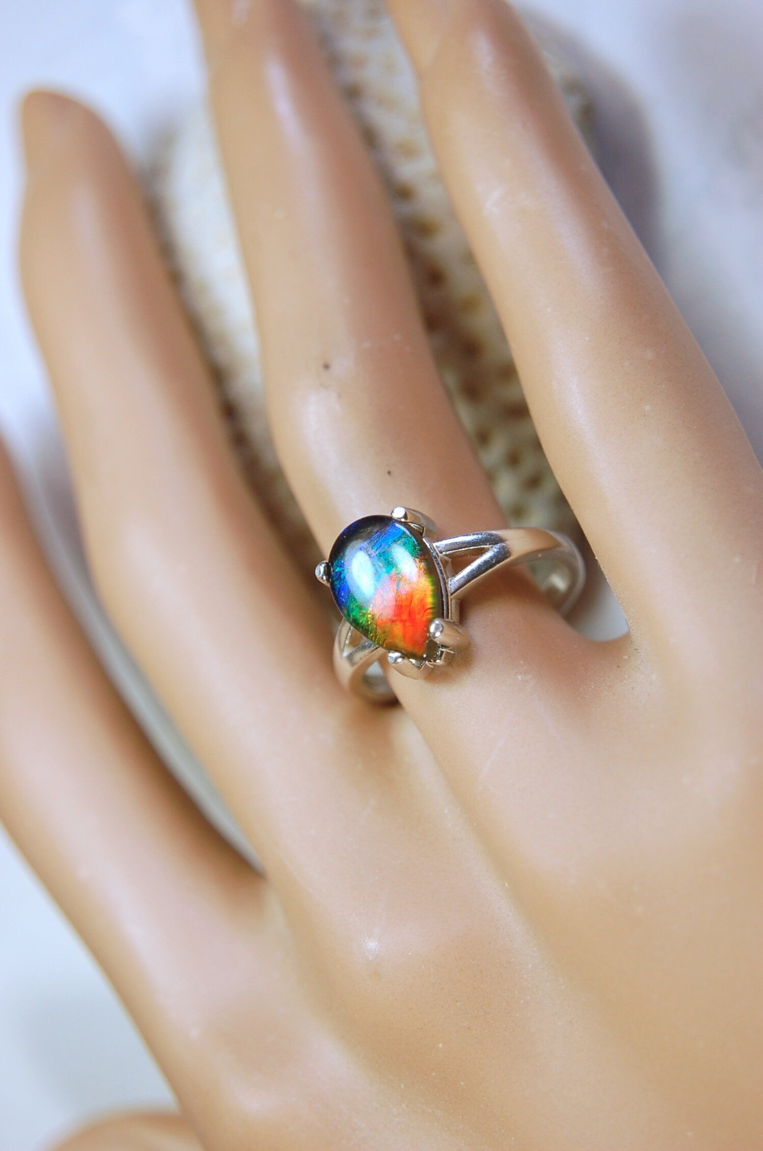Ammolite Jewelry Ring with FIVE colors Pear Shaped Gem in Sterling Silver size 7.Birthday Gift for Wife?Rainbow color gem.032214