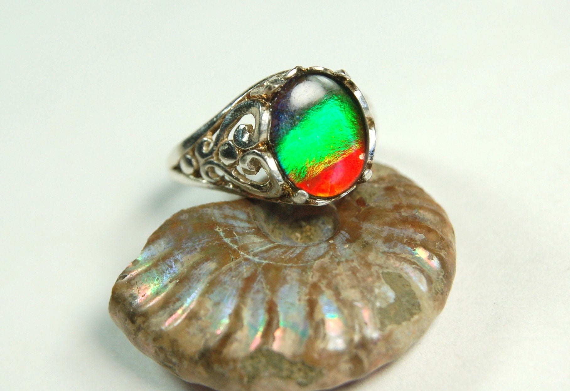 Ammolite Ladies Ring size 6.High quality tricolor gem.Very colorful.Birthday Anniversary gift?022312