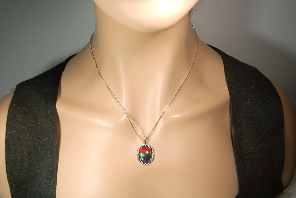 Genuine Ammolite Pendant Necklace – Canadian Fossil Gemstone – Iridescent Jewelry Gift for Her.060415