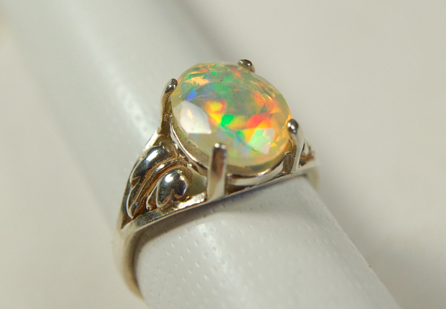Opal ring.Bright Faceted Natural gem.Lovely flashing colors.#102612