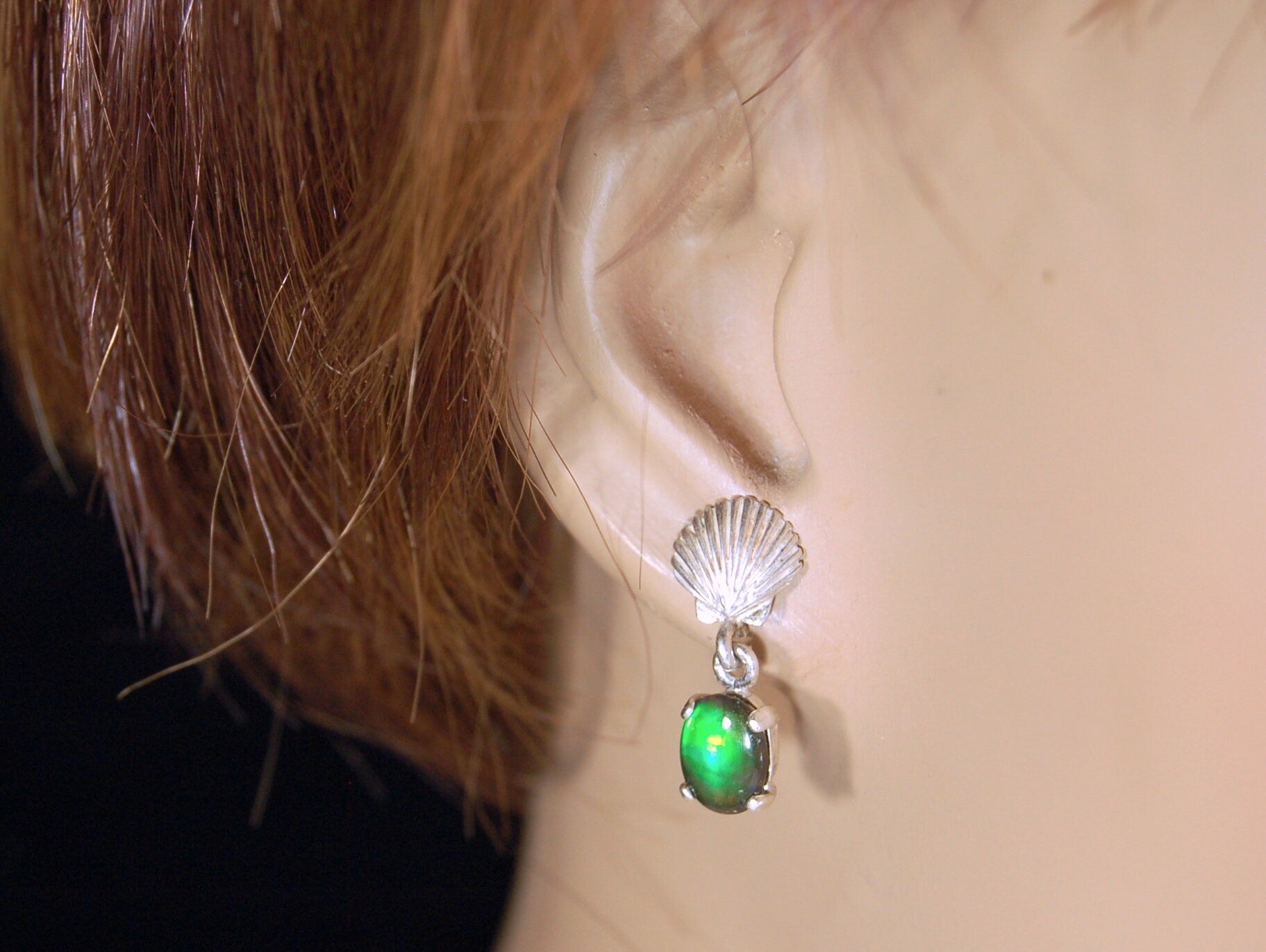 Ammolite Earrings.Brilliant green gems Ammolite jewelry.Details below.