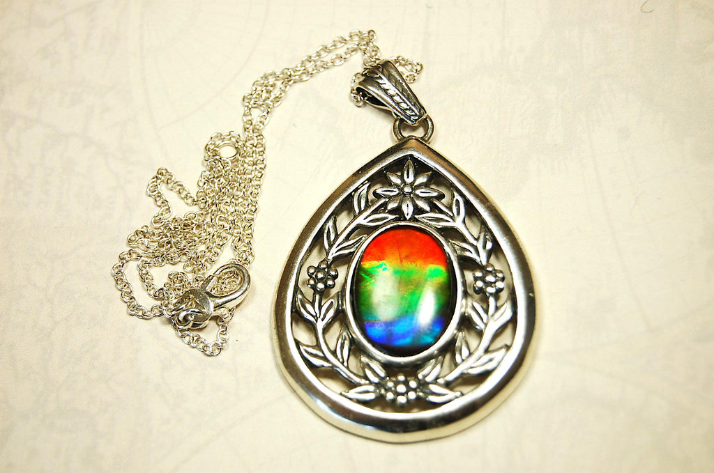 Anniversary gift idea for wife.Ammolite Jewelry Pendant with Rainbow pattern set in solid sterling silver.040416