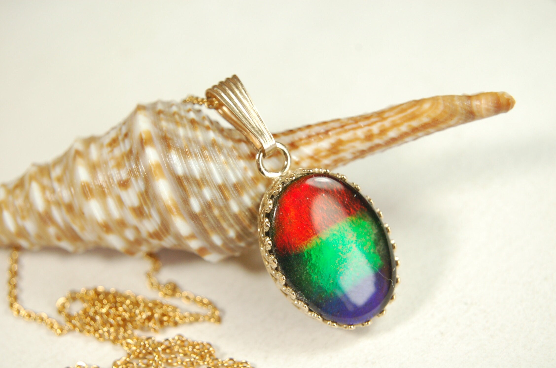 Ammolite Pendant in solid 14k Gold..High quality rainbow tricolor gem.Birthday or anniversary gift?.102513