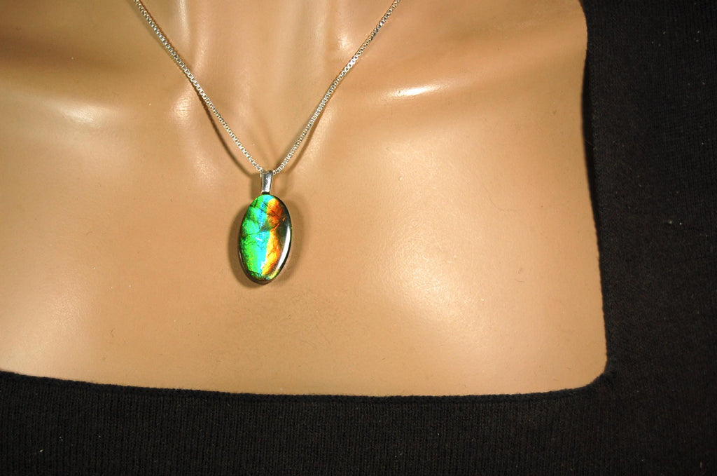 Ammolite Pendant.All Natural freeform Cabochon.Amazing RARE Colors.One of a kind Jewelry.Unique gift.Unisex Minimalist Jewelry.020715