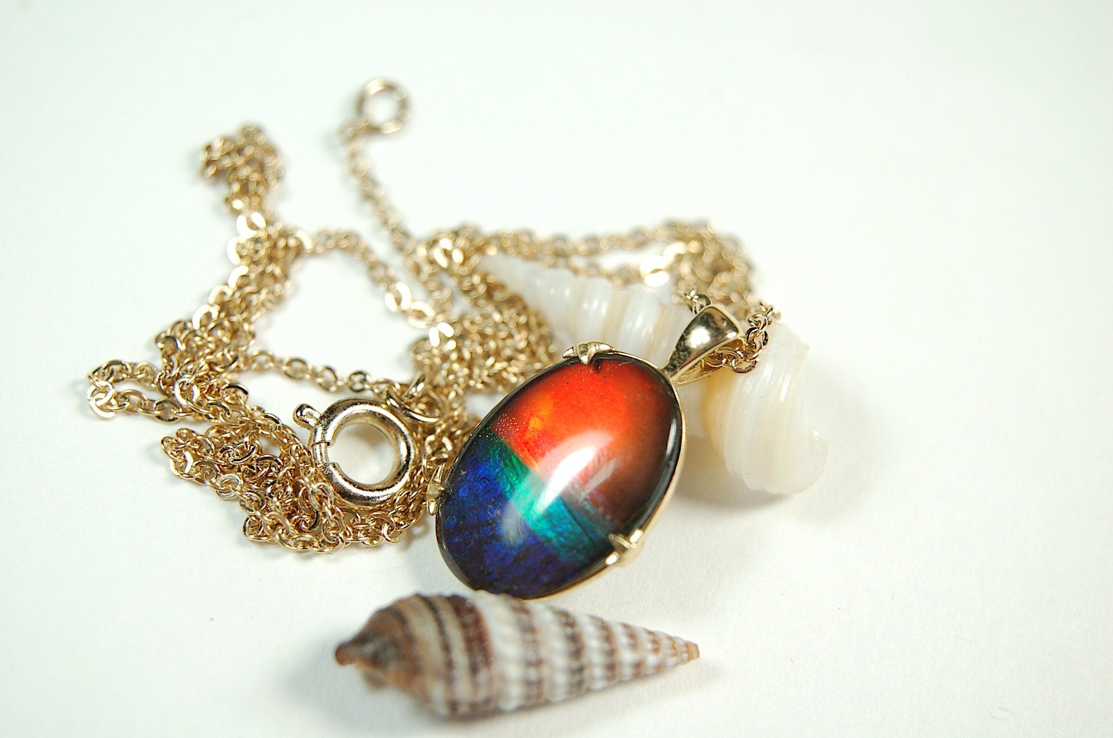 Ammolite Pendant in 14k Gold.Rich rainbow colors.Anniversary gift idea for wife. See details, images and video below.#121311