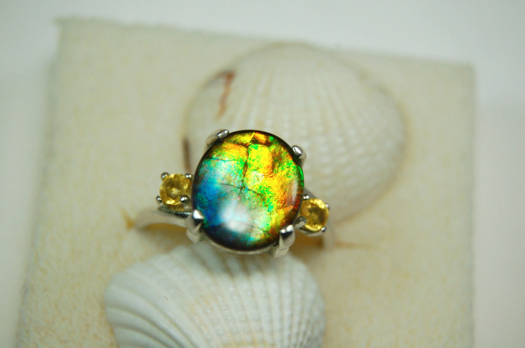 Ammolite Ring.Gift for wife.Learn about Canadas rarest gemstone.Must see video#121611