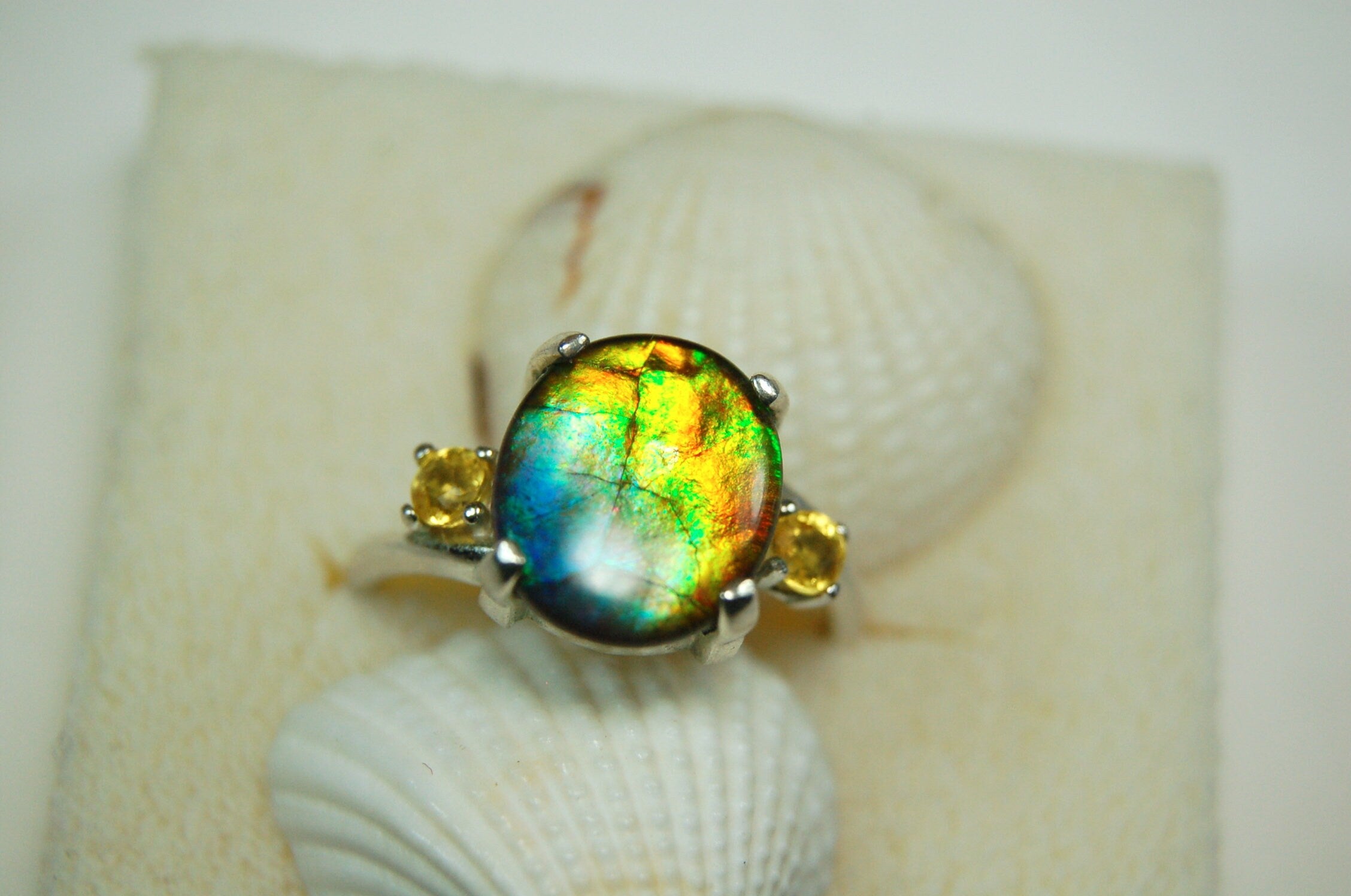 Ammolite Ring.Gift for wife.Learn about Canadas rarest gemstone.Must see video#121611