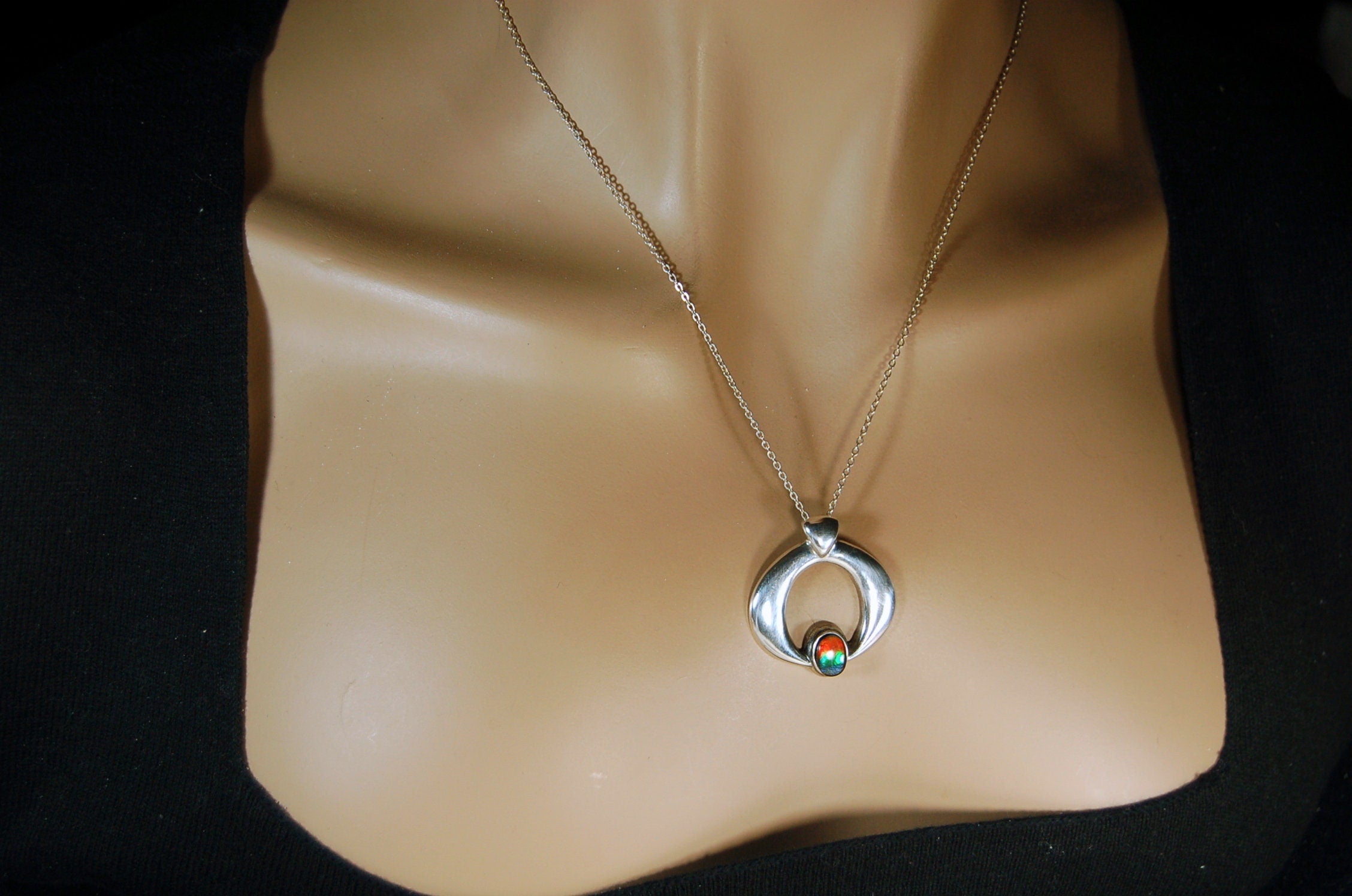 Birthday gift idea for wife.-- tricolor Ammolite pendant gem in striking sterling silver setting.Boho jewelry.#112419