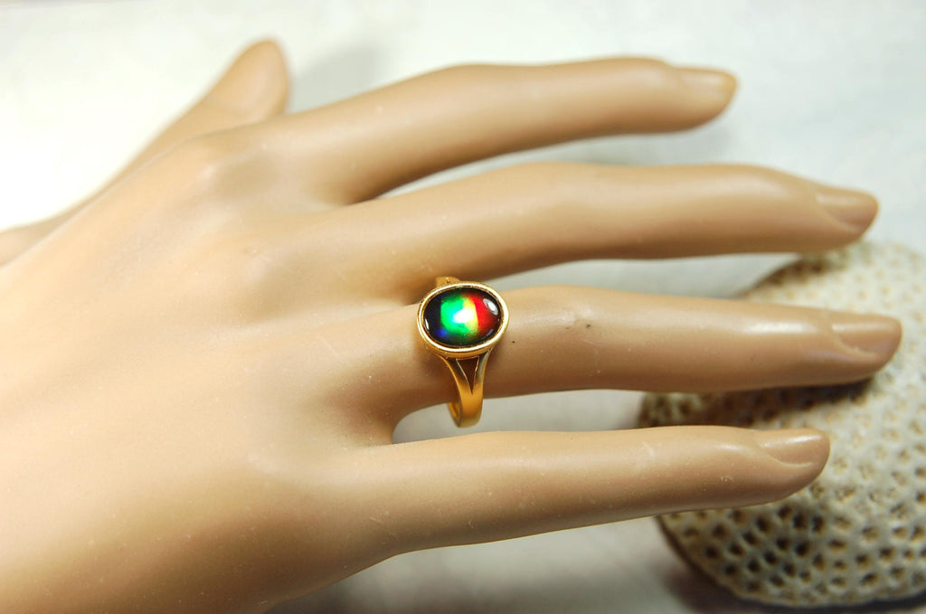 Gold Vermeil Ammolite Ring: Genuine Four-Color Gemstone, Adjustable Band 071114