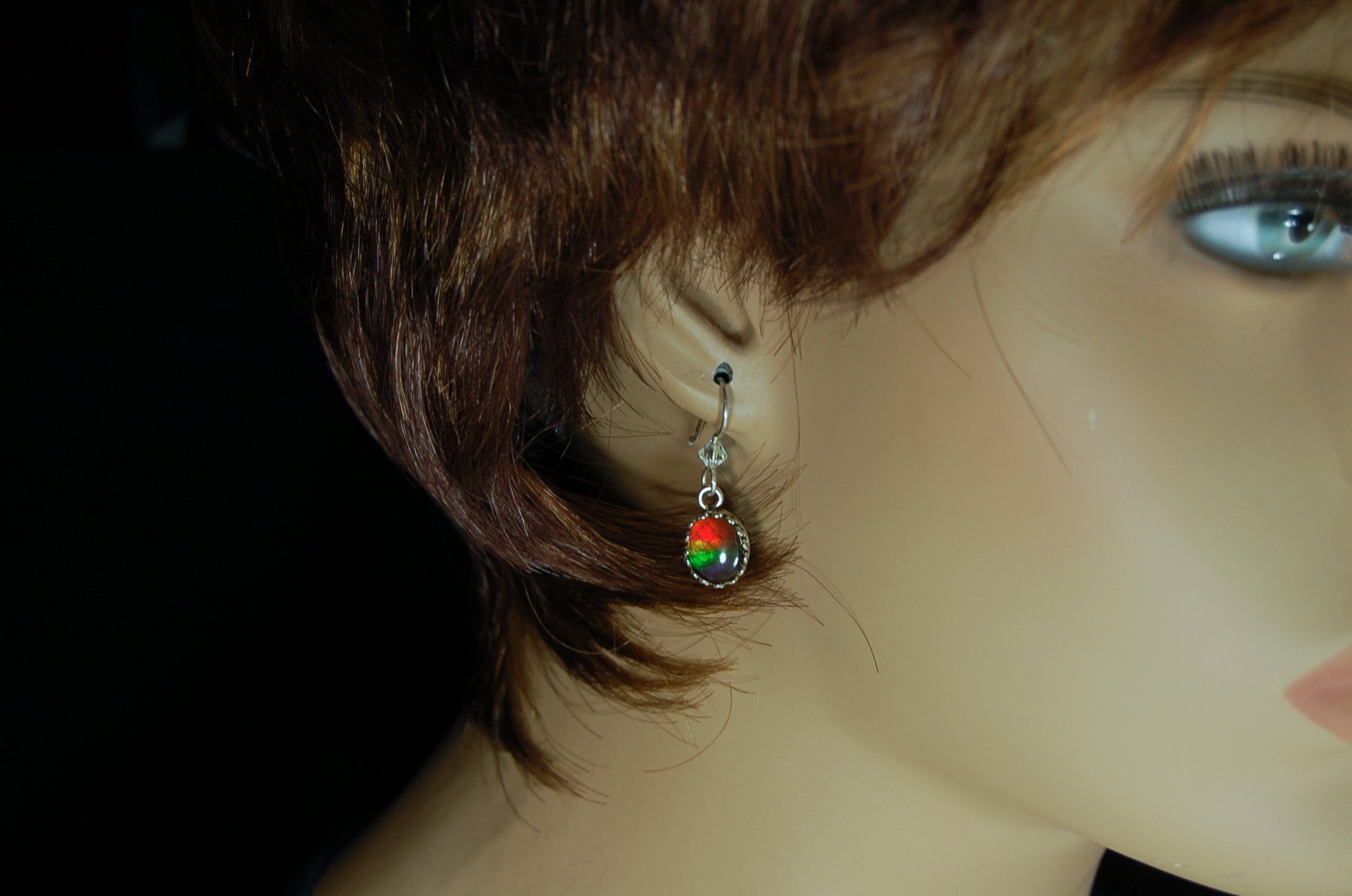 Ammolite Ear Rings.Perfect Mothers Day gift of RARE genuine ammolite she is sure to treasure.Lovely matched tricolor rainbow gems.#102410