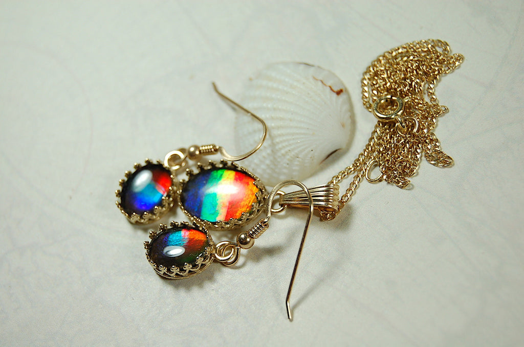 Ammolite Jewelry Set 14k Gold.Bright High Quality tricor gems.Memorable RARE gift for wife.Quality fashion accessory.112510