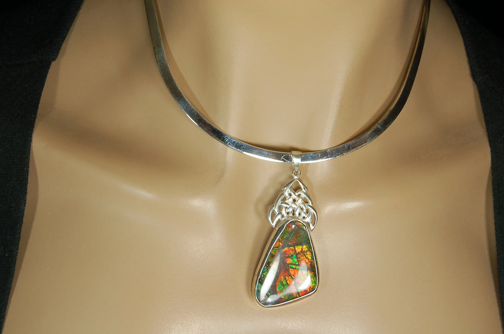Ammolite Pendant Necklace.Natural very colorful cabochon magnificently set #030411