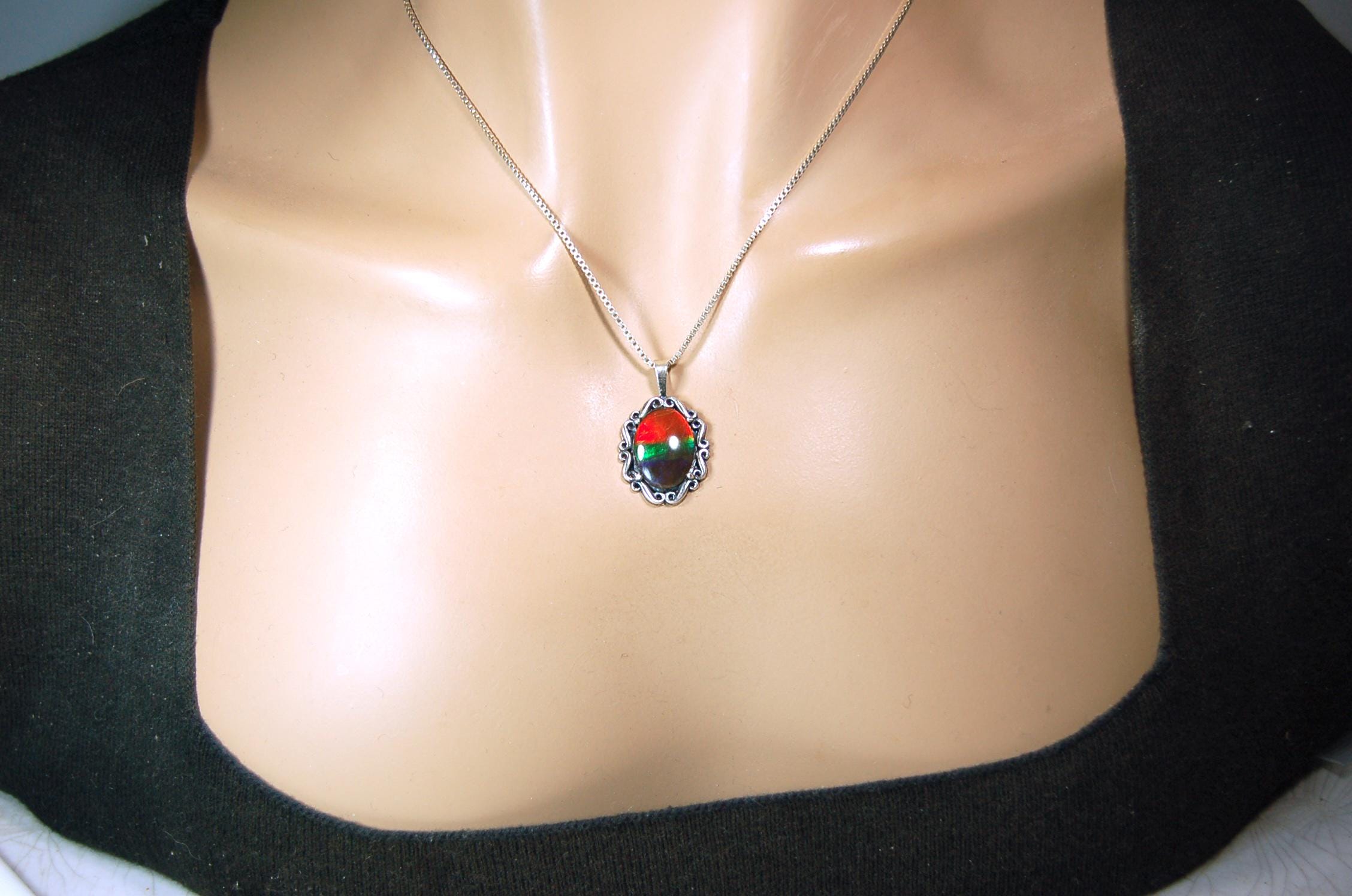 Genuine Ammolite Pendant Necklace – Canadian Fossil Gemstone – Iridescent Jewelry Gift for Her.060415