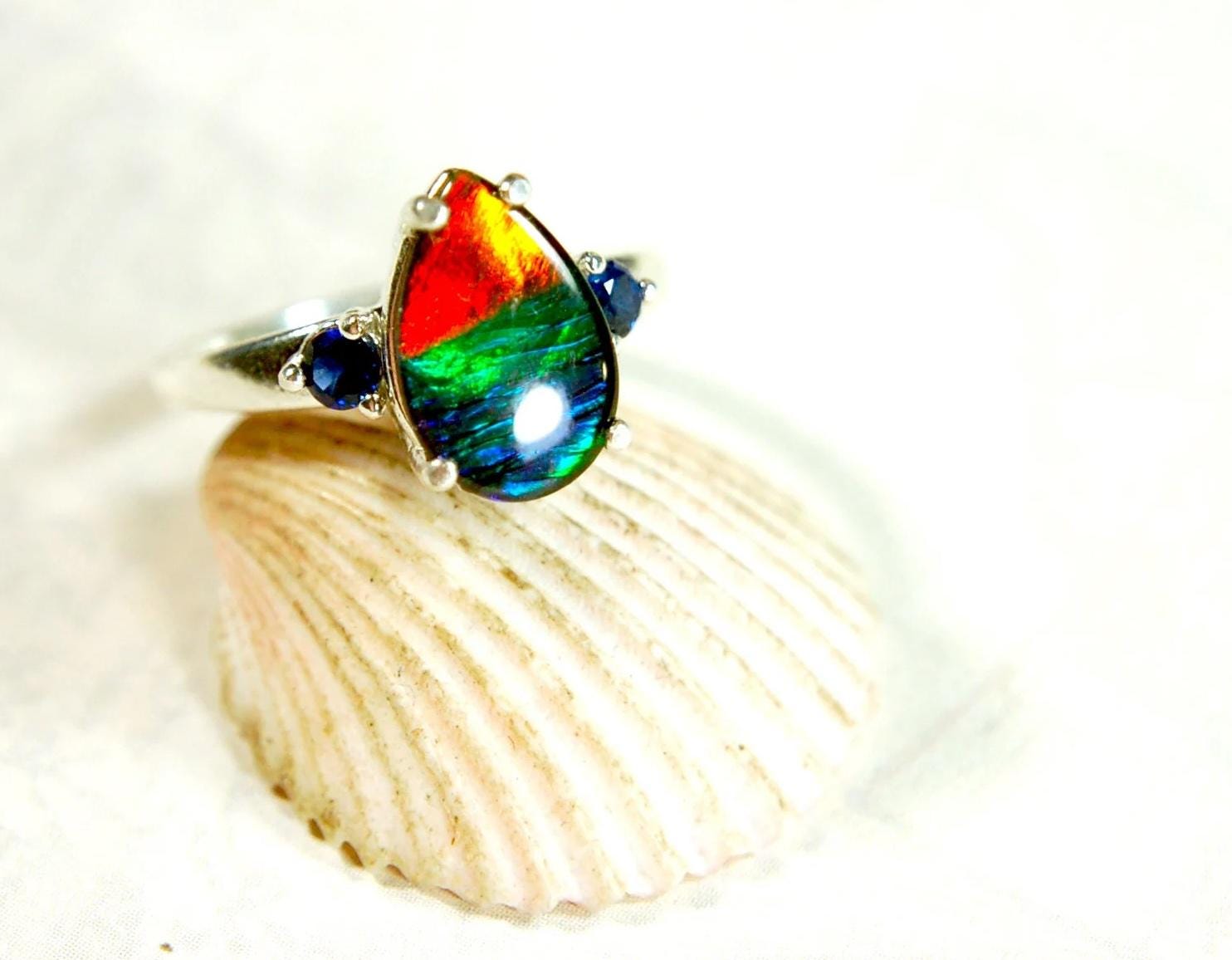 Ammolite teardrop Ring with four rich colors.Set in sterling silver.Size 7.Perfect gift for her.One of a kind ring.041214