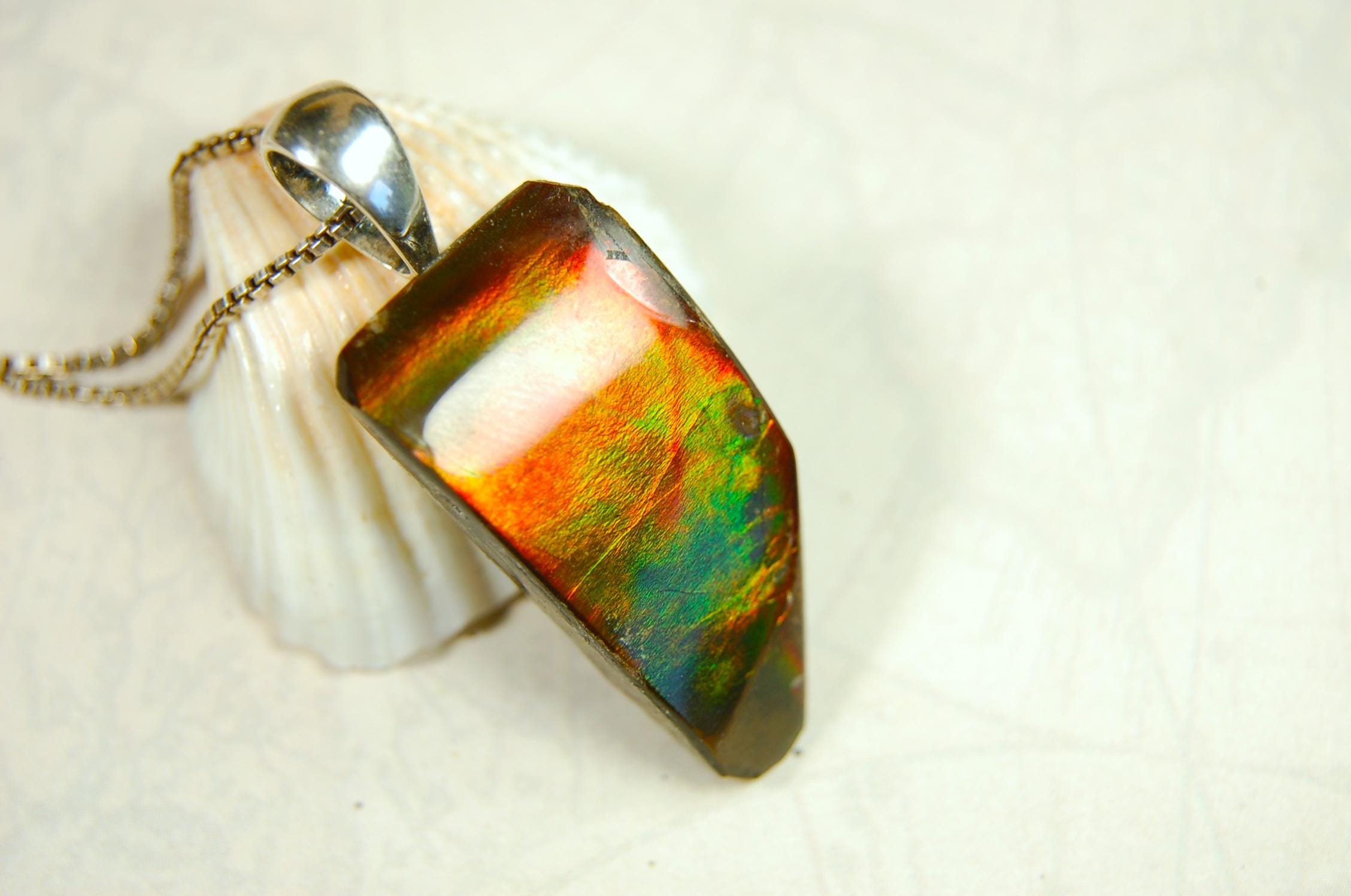 Ammolite Jewelry Pendant Necklace Freeform Style in Gorgeous Autumn Colors.Gift for wife?Unisex and Minimalist Design.Must see video.082014