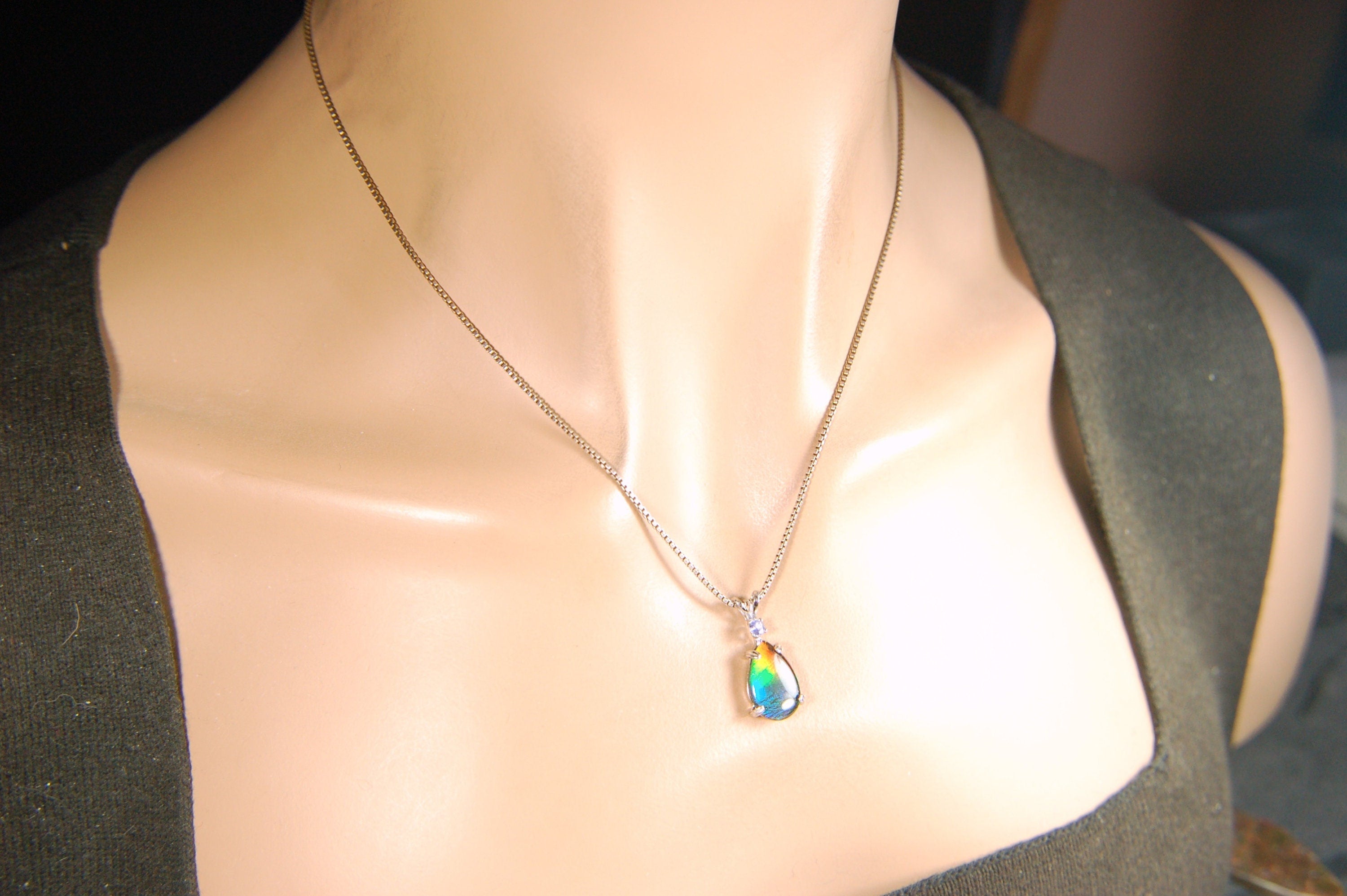 Ammolite Pendant in Sterling Silver with Tanzanite Gem Stone.Rainbow gem.Birthday gift for Wife?Metaphysical powers.032114