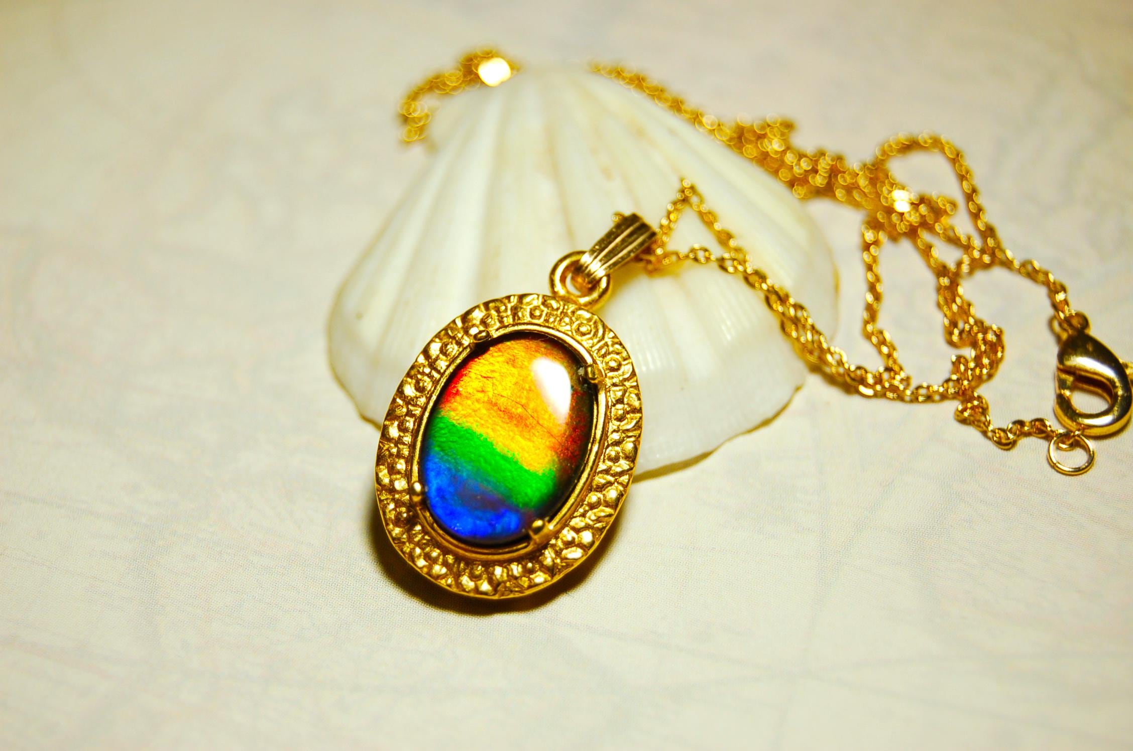 Ammolite pendant Anniversary gift idea for wife.Necklace set in 14kGF gold.Brilliant rainbow gem.Best seen in Video.033016