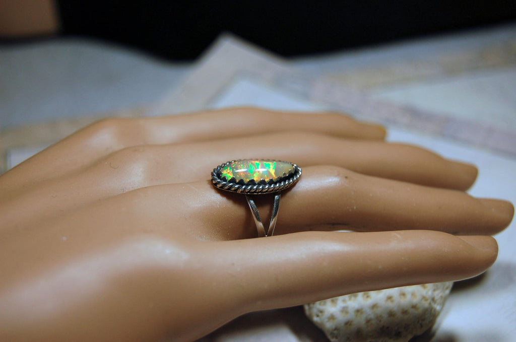 Genuine untreated natural opal ring handmade.Fiery colors.One of a kind.Size 7.Gift for wife? 040316