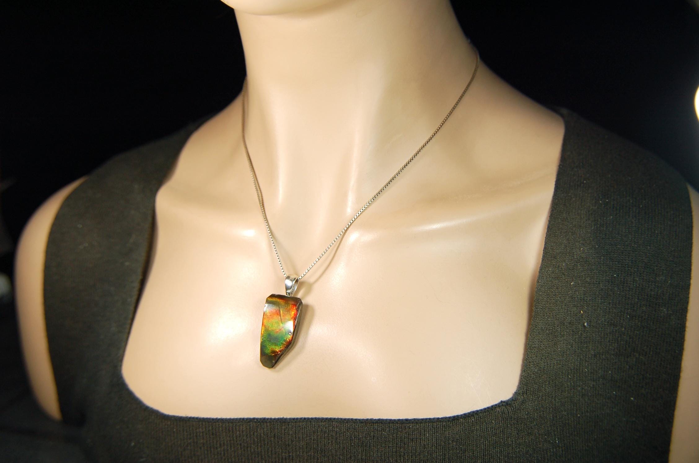 Ammolite Jewelry Pendant Necklace Freeform Style in Gorgeous Autumn Colors.Gift for wife?Unisex and Minimalist Design.Must see video.082014