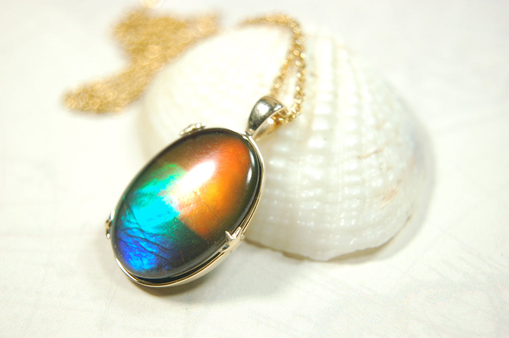 Glamorous Ammolite jewelry pendant in solid 14k Gold - A Stunning Rare Mothers day gift she will treasure.012914