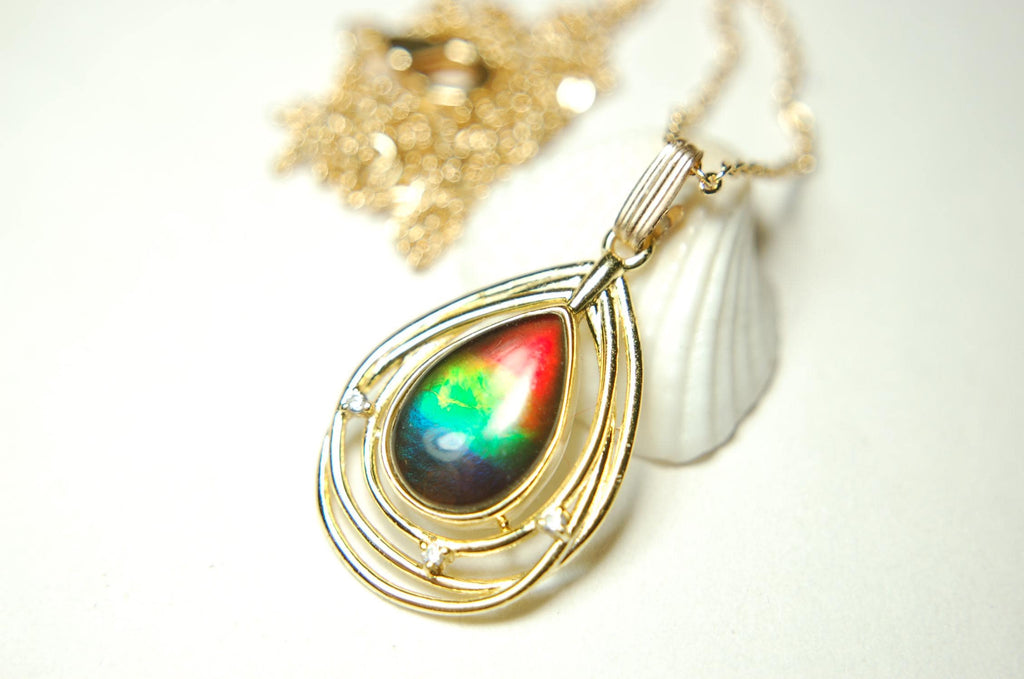 Birthday gift idea for wife.Ammolite Pendant Necklace in Gold Vermeil.RARE four colors. Ammolite jewelry for sale.Boho Jewelry.012915