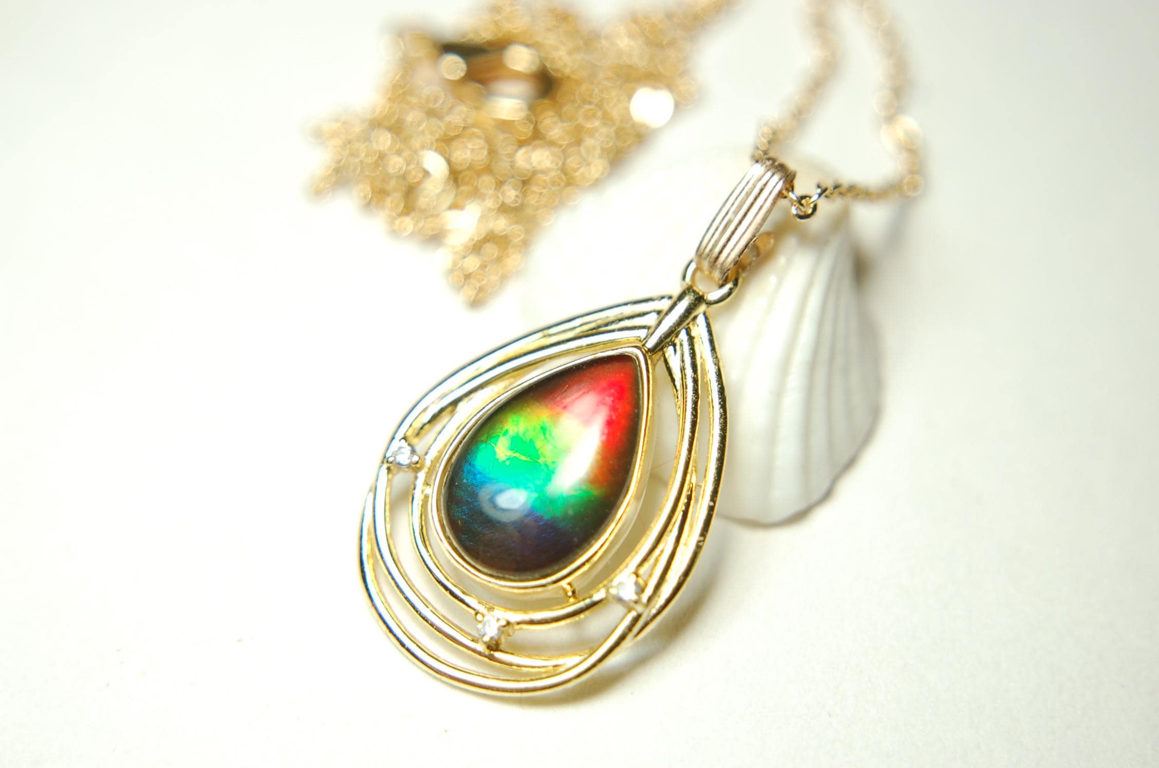 Birthday gift idea for wife.Ammolite Pendant Necklace in Gold Vermeil.RARE four colors. Ammolite jewelry for sale.Boho Jewelry.012915
