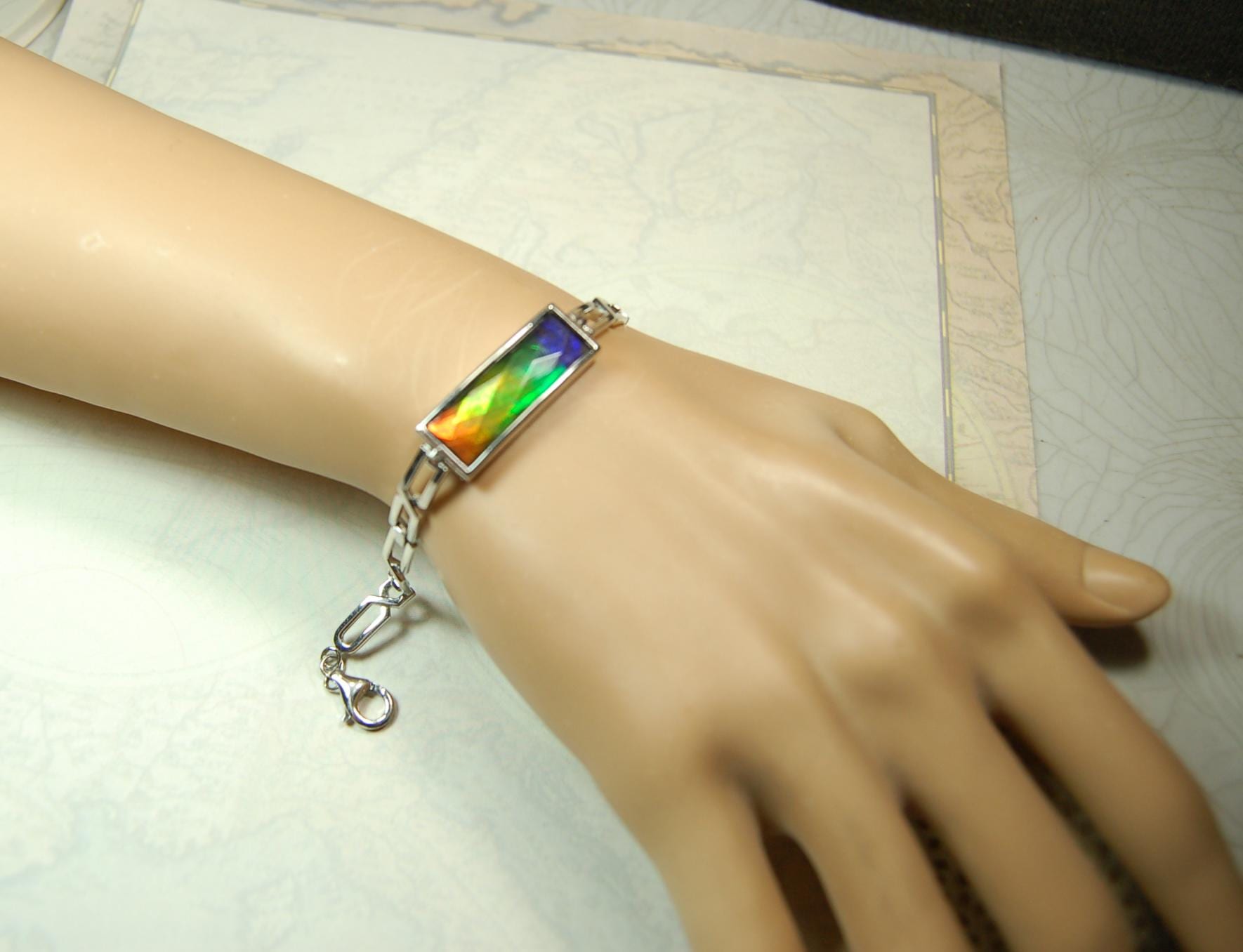 Ammolite Cuff Bracelet.Brilliant Colors.Canadian Jewelry.Gift for her.Rainbow gemstone.Grad gift.Silver treasure.052315