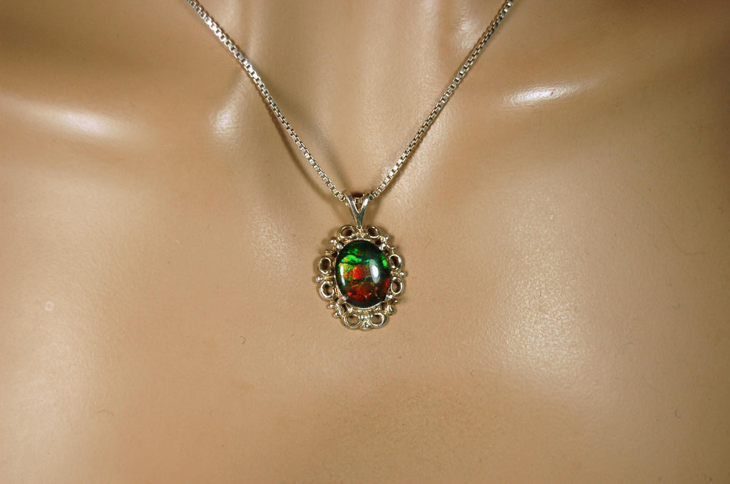 Ammolite Pendant Necklace Sterling Silver Jewelry.- 071015