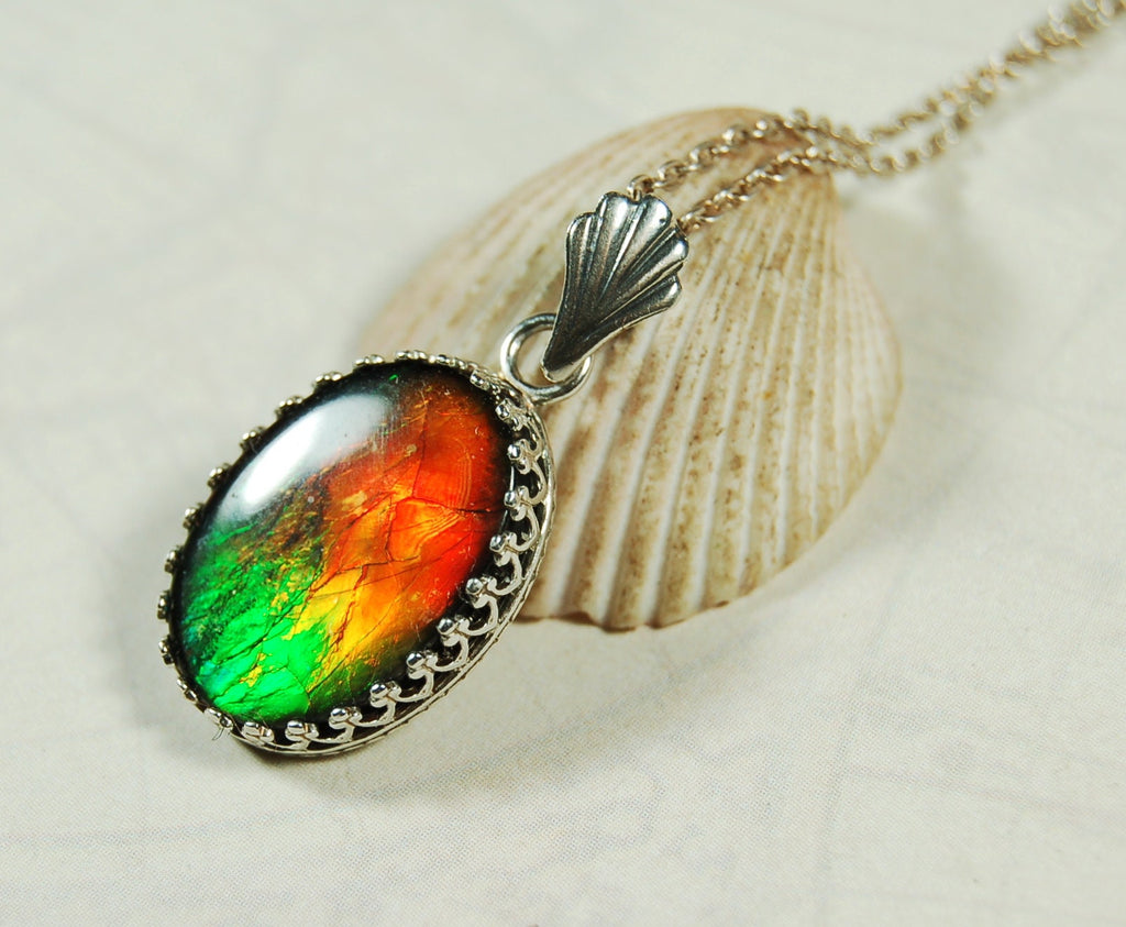 Fiery Ammolite pendant in Argentium* non tarnish Sterling Silver.Perfect Gift for her.Ammolite jewelry.Ammolite Feng shui.#123110