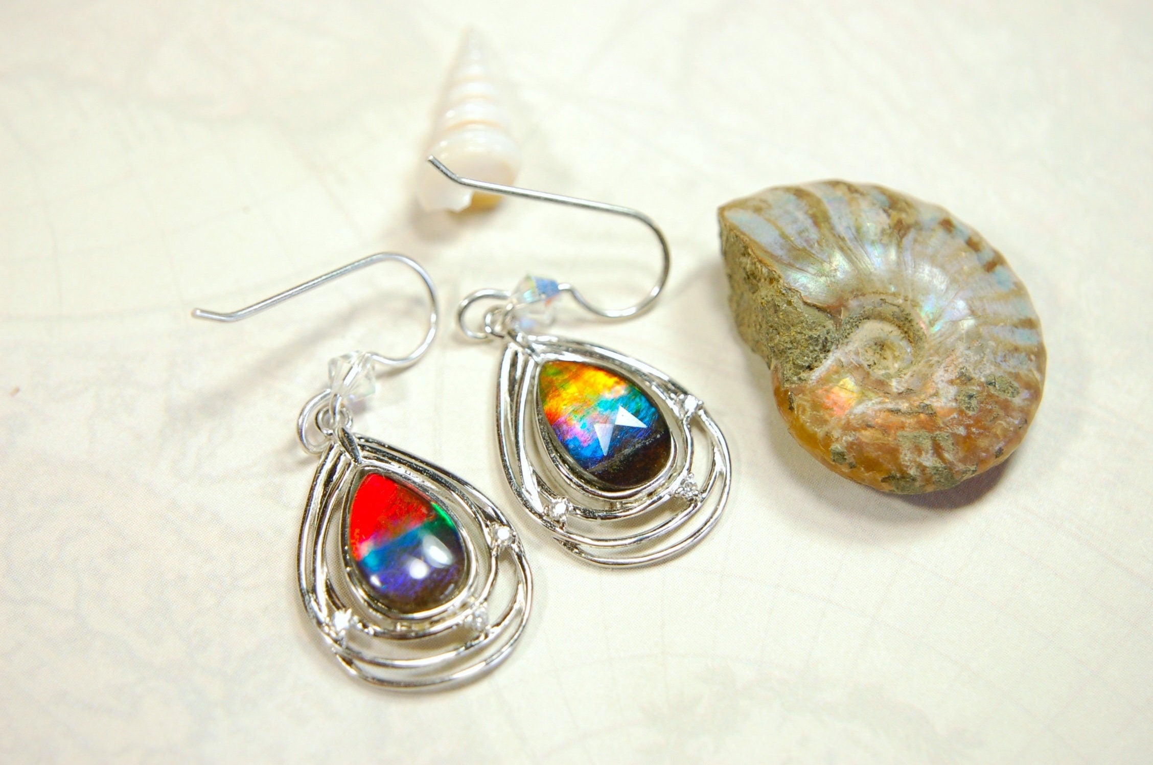 Birthday or anniversary gift idea for wife.Teardrop Ammolite Earrings – Sterling Silver, Swarovski Crystal Accents (12x8mm)