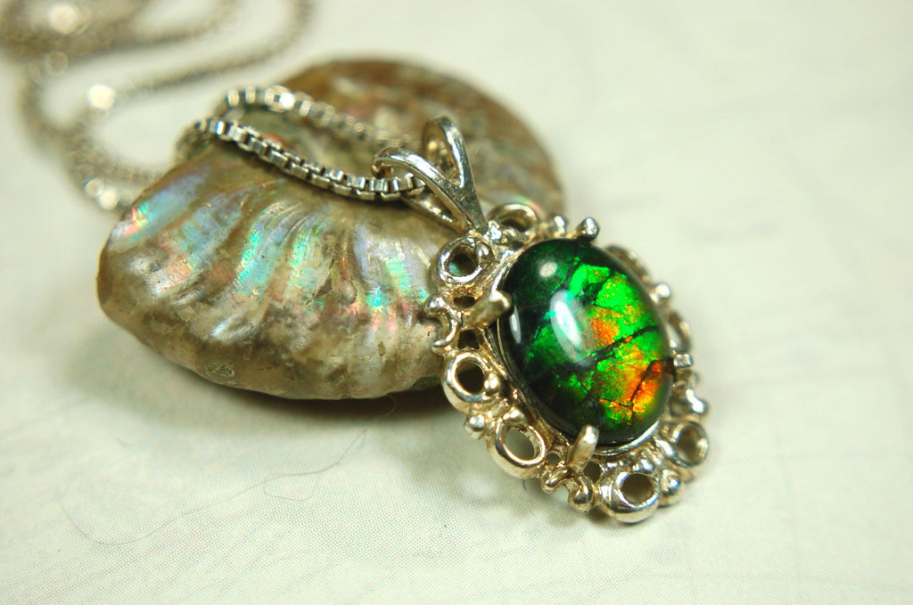 Ammolite Pendant Necklace Sterling Silver Jewelry.- 071015