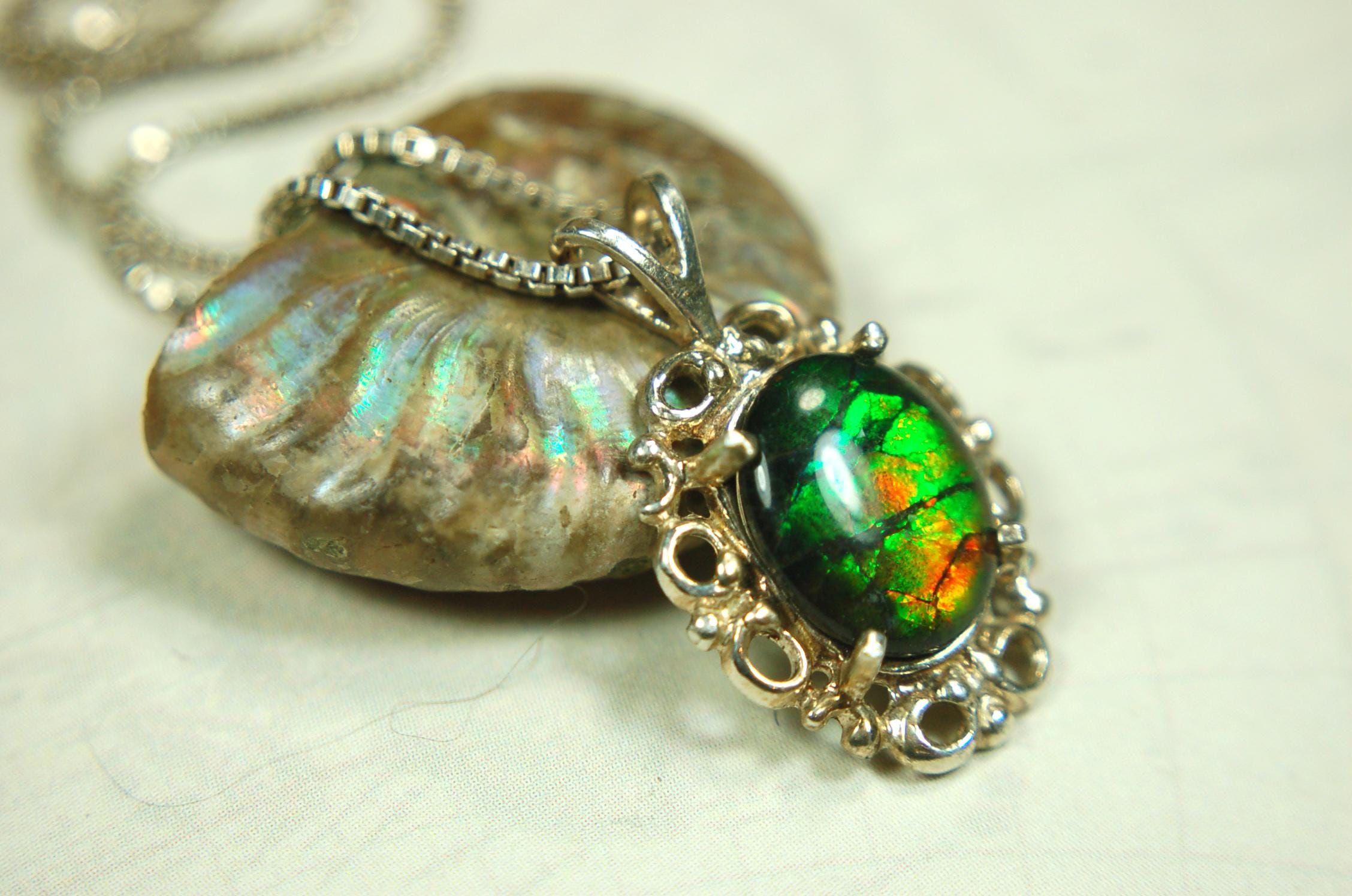 Ammolite Pendant Necklace Sterling Silver Jewelry.- 071015
