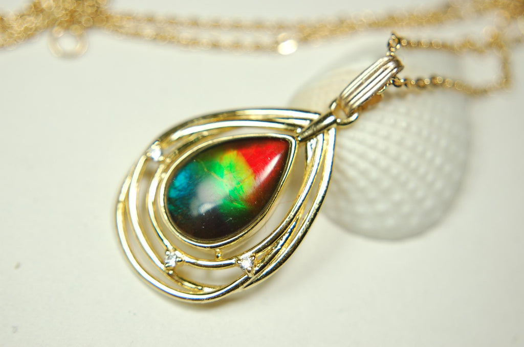 Birthday gift idea for wife.Ammolite Pendant Necklace in Gold Vermeil.RARE four colors. Ammolite jewelry for sale.Boho Jewelry.012915