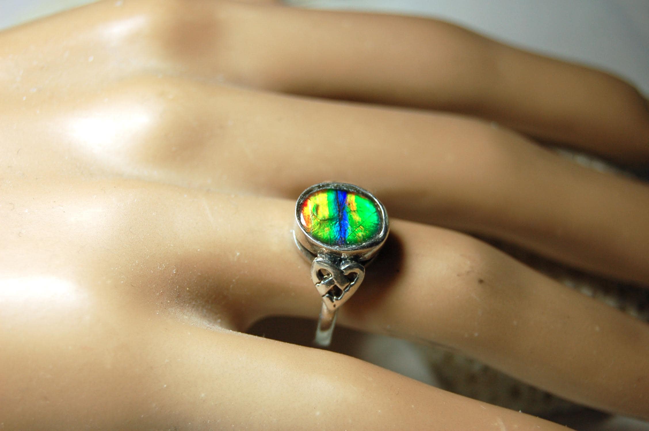 Ammolite ring with Celtic motif.Amazing RARE color scheme. One of a kind gift for wife.Sterling.Size7..031115