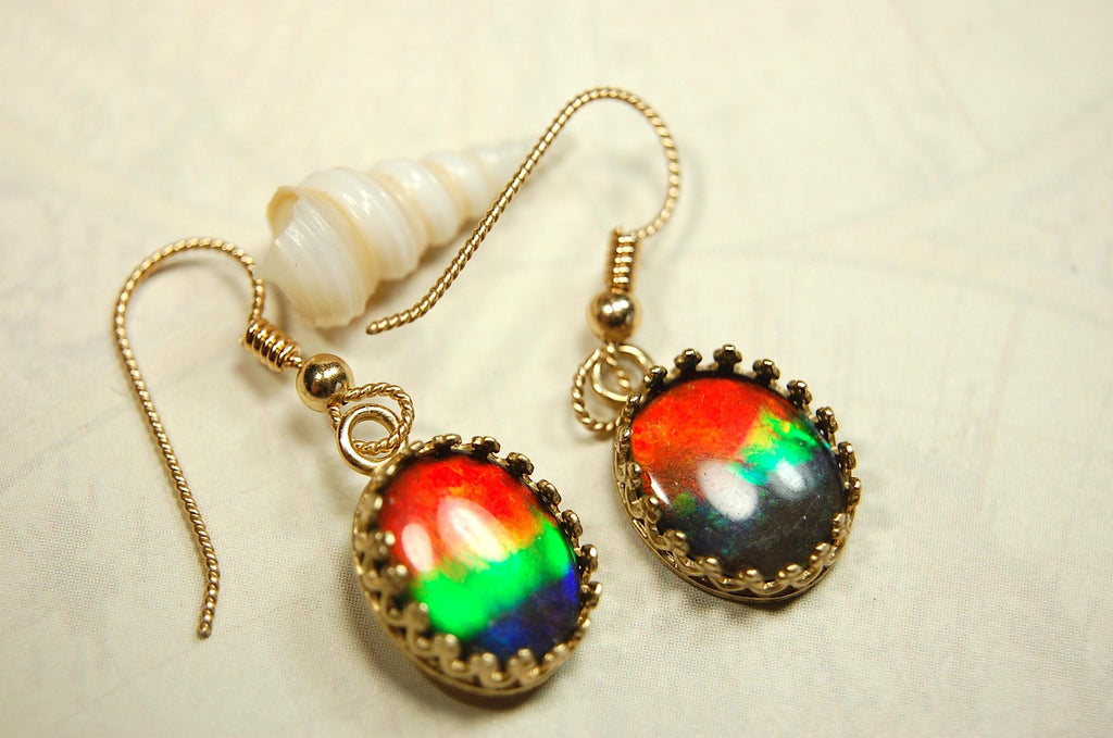 Exquisite Ammolite Earrings in 14k Gold.High Quality RARE Four Color Rainbow gems.Perfect gift Idea for wife..091214