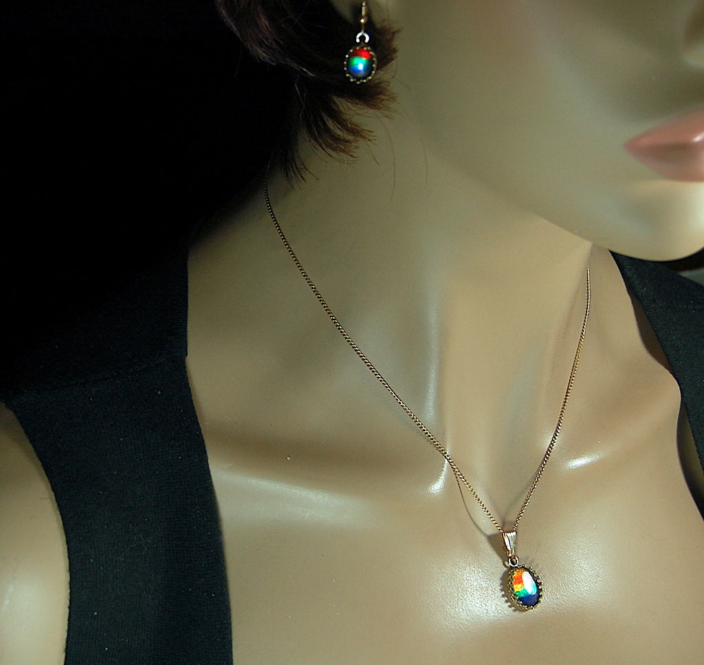 Ammolite Jewelry Set 14k Gold.Bright High Quality tricor gems.Memorable RARE gift for wife.Quality fashion accessory.112510