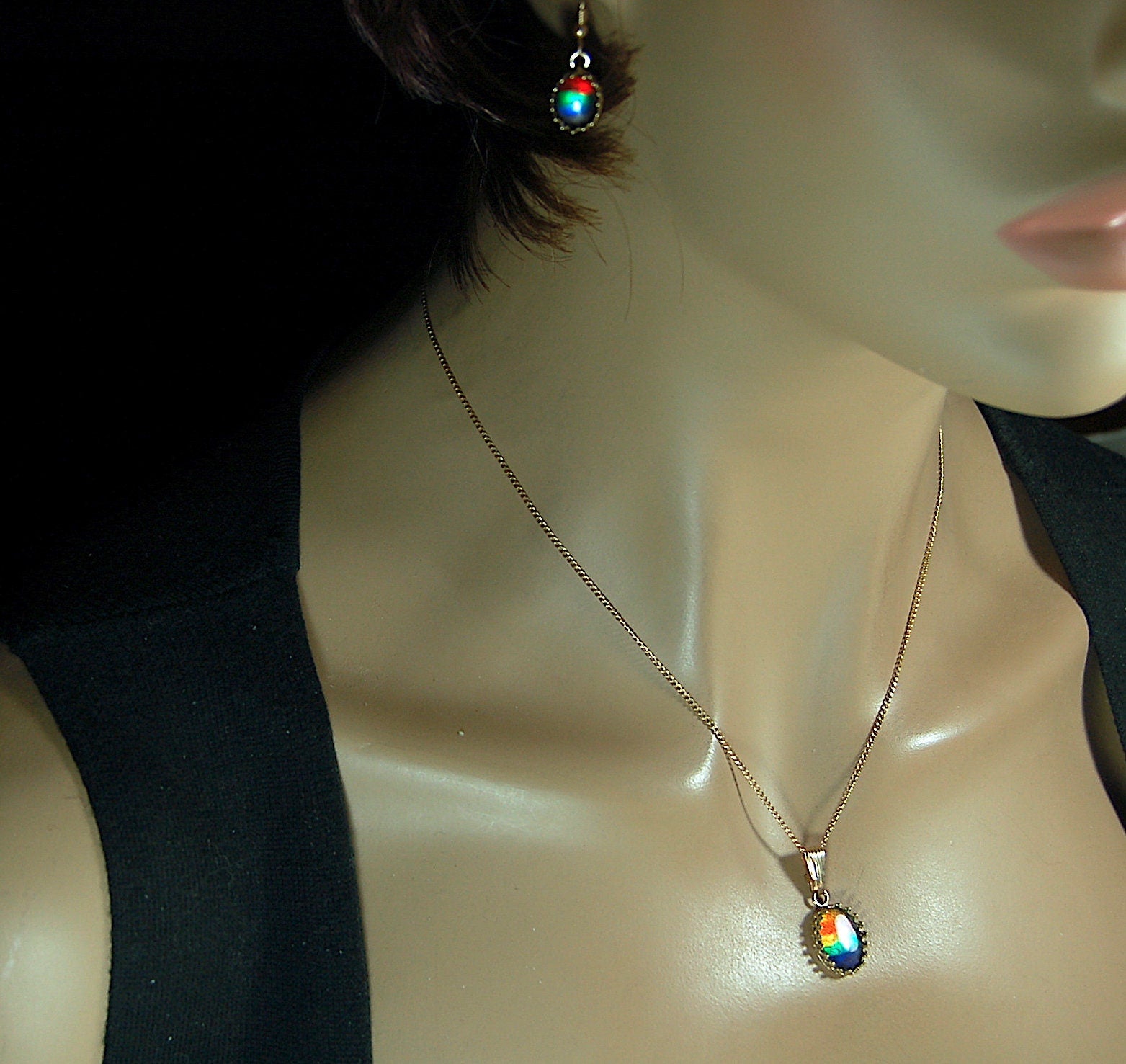 Ammolite Jewelry Set 14k Gold.Bright High Quality tricor gems.Memorable RARE gift for wife.Quality fashion accessory.112510
