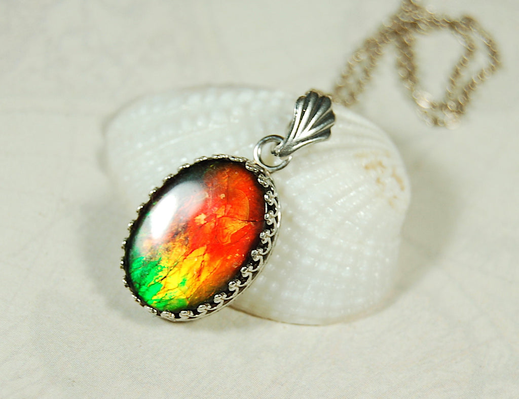 Fiery Ammolite pendant in Argentium* non tarnish Sterling Silver.Perfect Gift for her.Ammolite jewelry.Ammolite Feng shui.#123110
