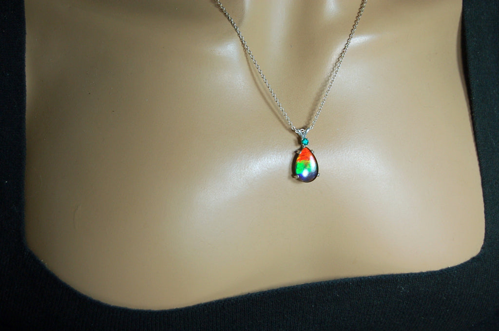 Ammolite Jewelry Pendant.bright Rainbow Colors. Ammolite with Emerald.Canadian gemstones.The perfect RARE gift for her.#012410