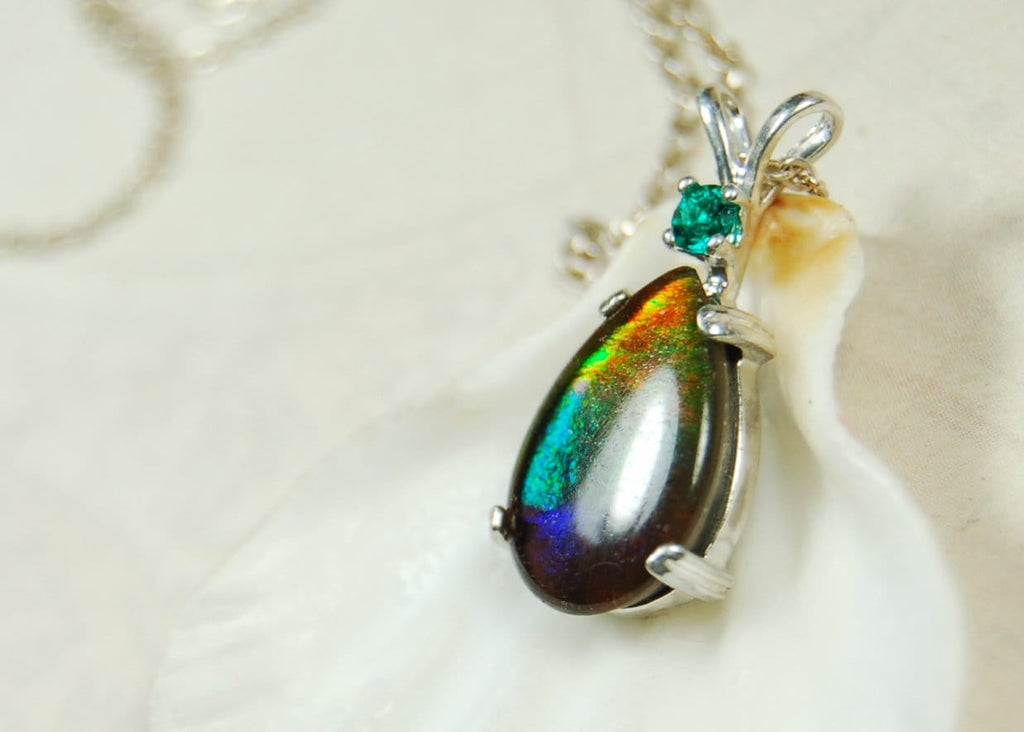 Ammolite Jewelry Pendant.bright Rainbow Colors. Ammolite with Emerald.Canadian gemstones.The perfect RARE gift for her.#012410