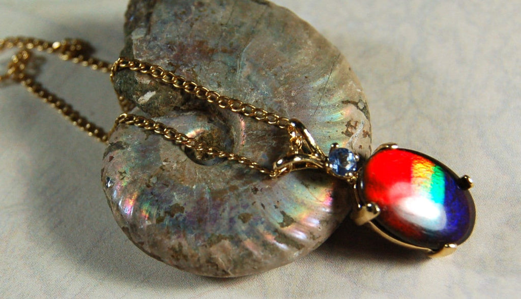 Ammolite Pendant necklace in solid 10k Gold.Mothers day gift she will treasure.High quality Richly colored ammolite gemstone.031729