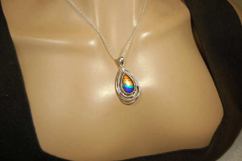 Ammolite Jewelry Pendant.RARE Tiger stripe gem.Unique gemstone.Non Allergenic Rhodium plated Sterling Silver setting.Gift for wife? 032916