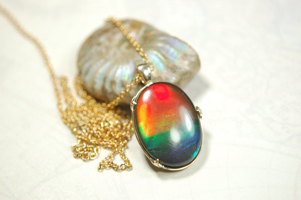 Glamorous Ammolite jewelry pendant in solid 14k Gold - A Stunning Rare Mothers day gift she will treasure.012914