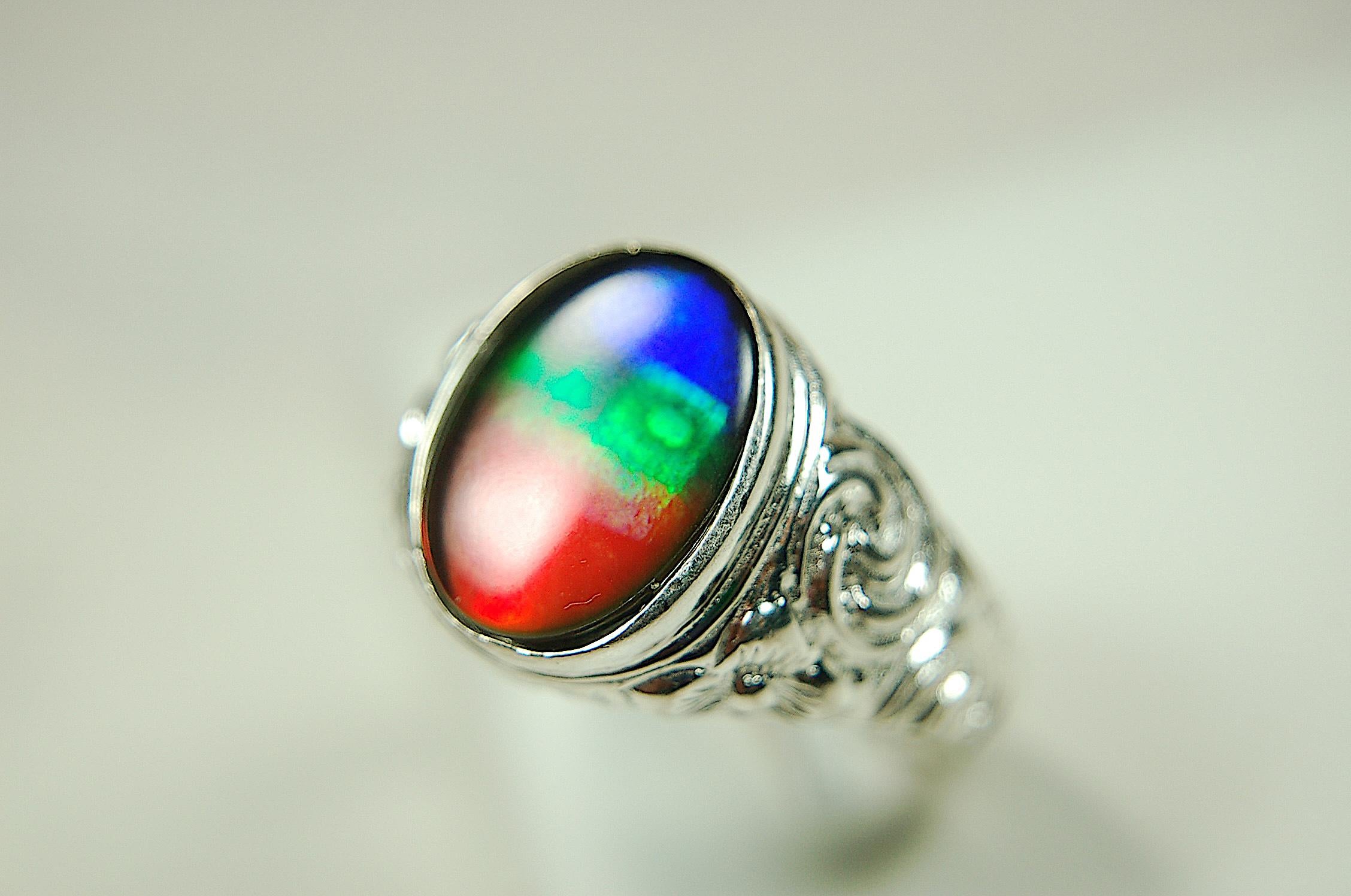 Ammolite Mens Ring set in sculptured sterling silver.Powerful bright tricolor gemstone in size 10.#70615