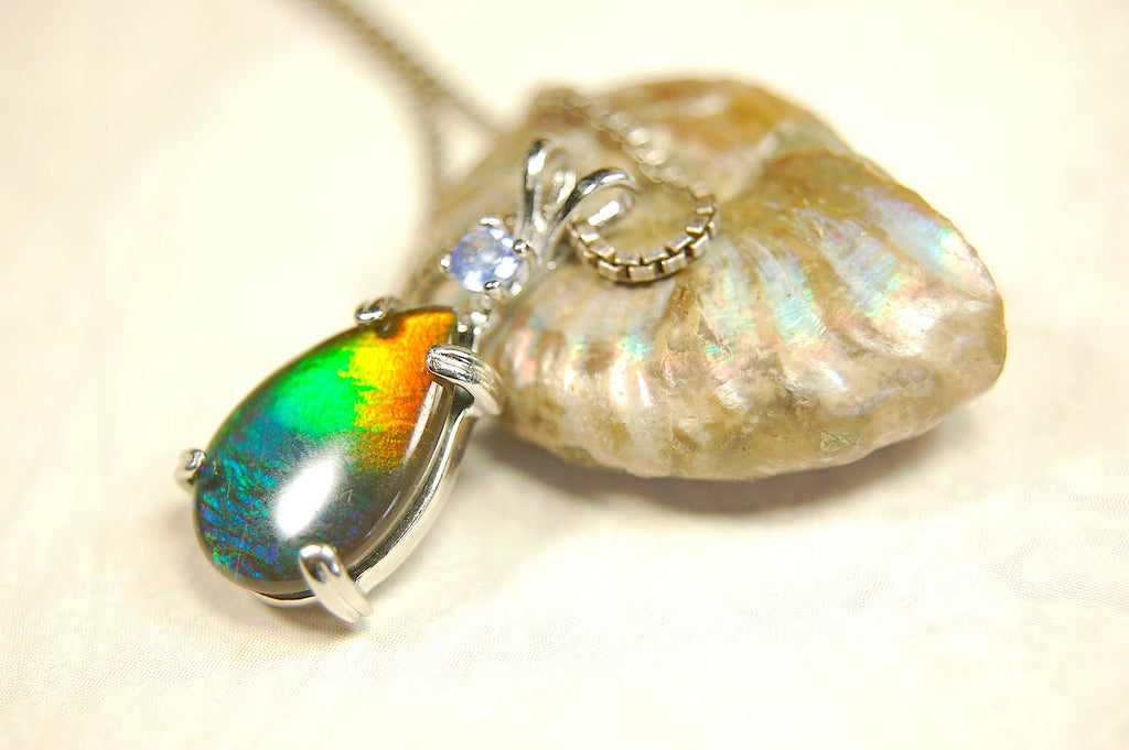 Ammolite Pendant in Sterling Silver with Tanzanite Gem Stone.Rainbow gem.Birthday gift for Wife?Metaphysical powers.032114