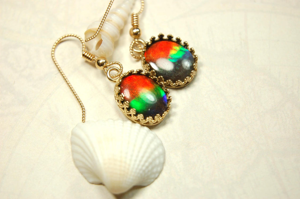 Exquisite Ammolite Earrings in 14k Gold.High Quality RARE Four Color Rainbow gems.Perfect gift Idea for wife..091214
